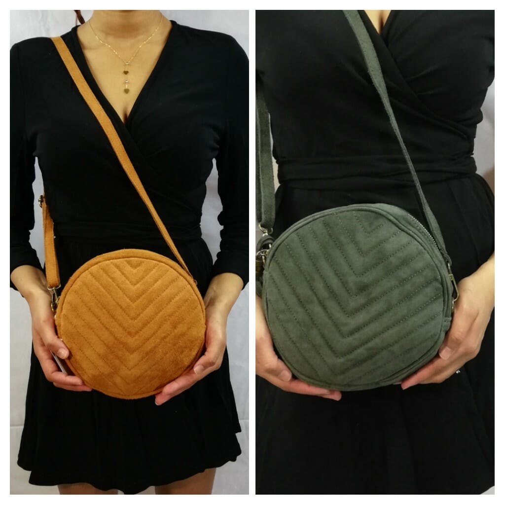 Sac bandoulière rond à motif chevron (100% Cuir italien)