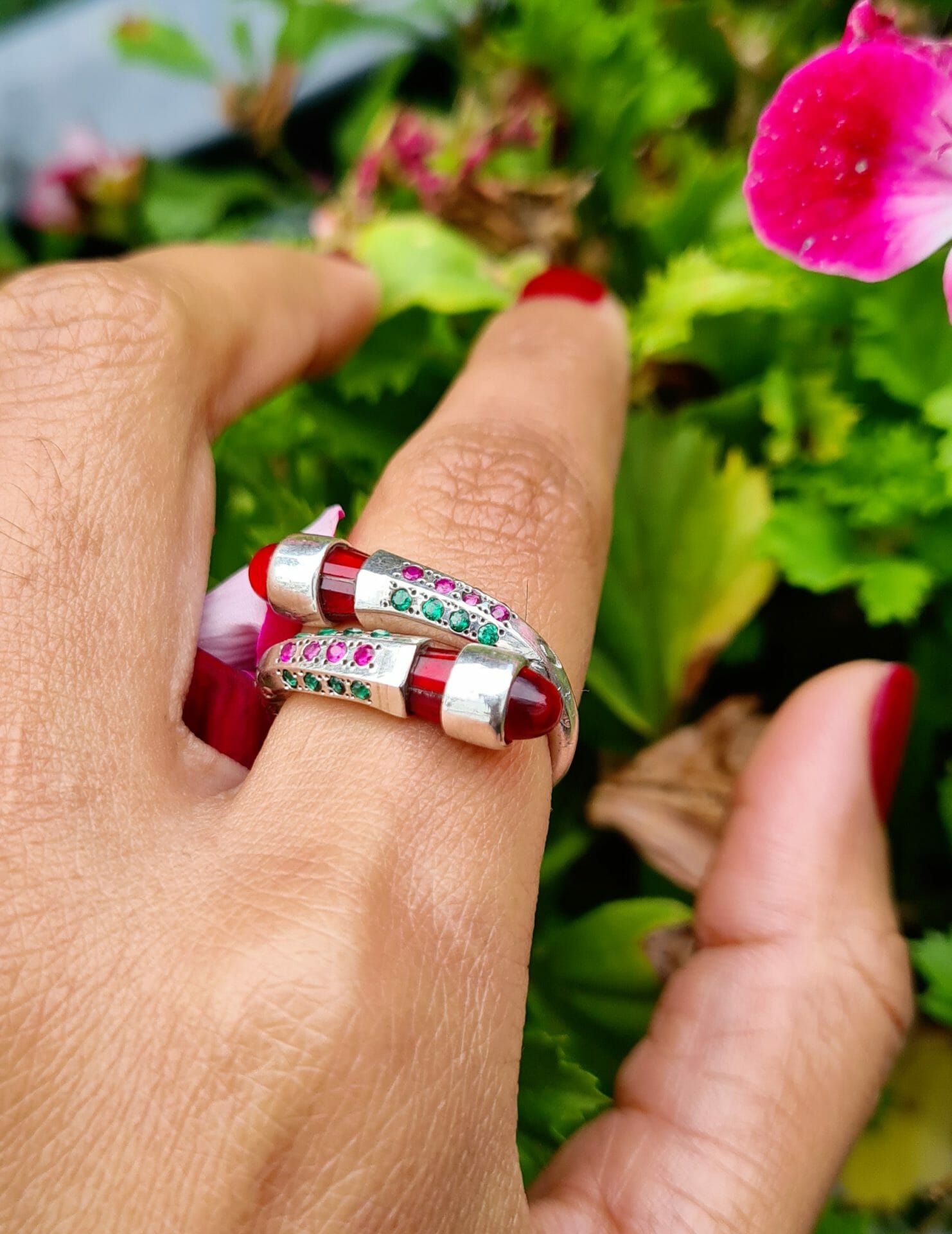 Bague trapèze en argent 100% pierre précieuse zirconium vert/rouge – Image 5