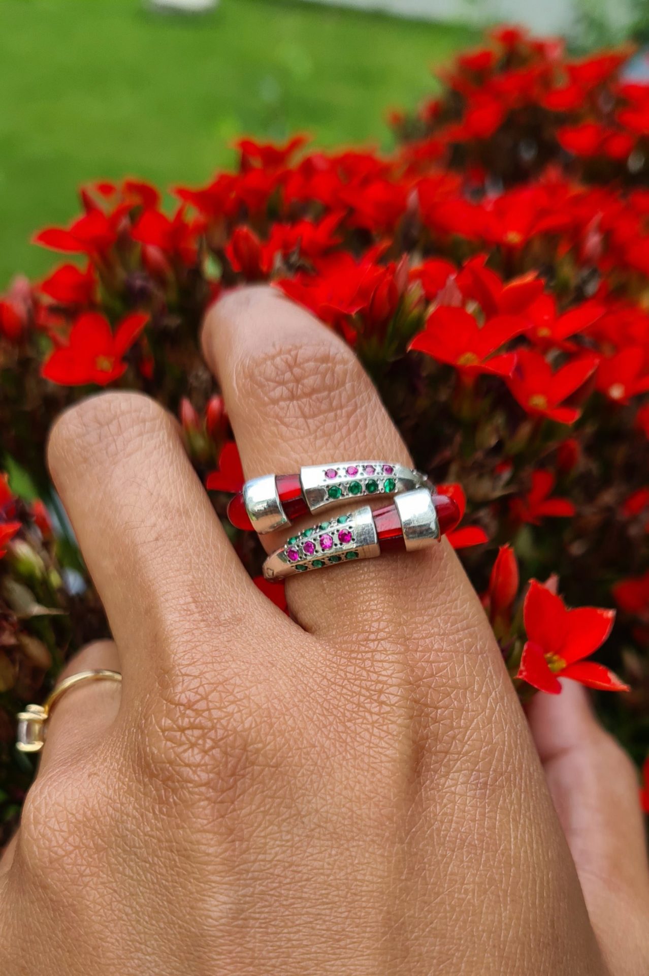 Bague trapèze en argent 100% pierre précieuse zirconium vert/rouge – Image 6