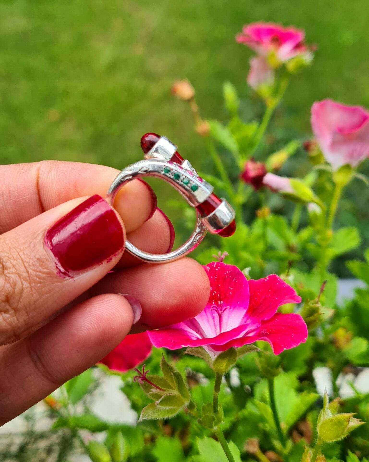 Bague trapèze en argent 100% pierre précieuse zirconium vert/rouge – Image 7