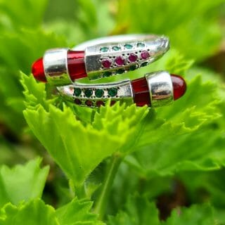 Bague trapèze en argent 100% pierre précieuse zirconium vert/rouge