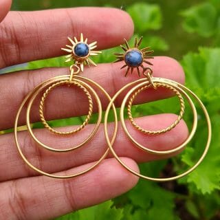 Boucle d'oreille créole pendu saphir étoilé 100% Or 18k artisanal-pierre précieuse