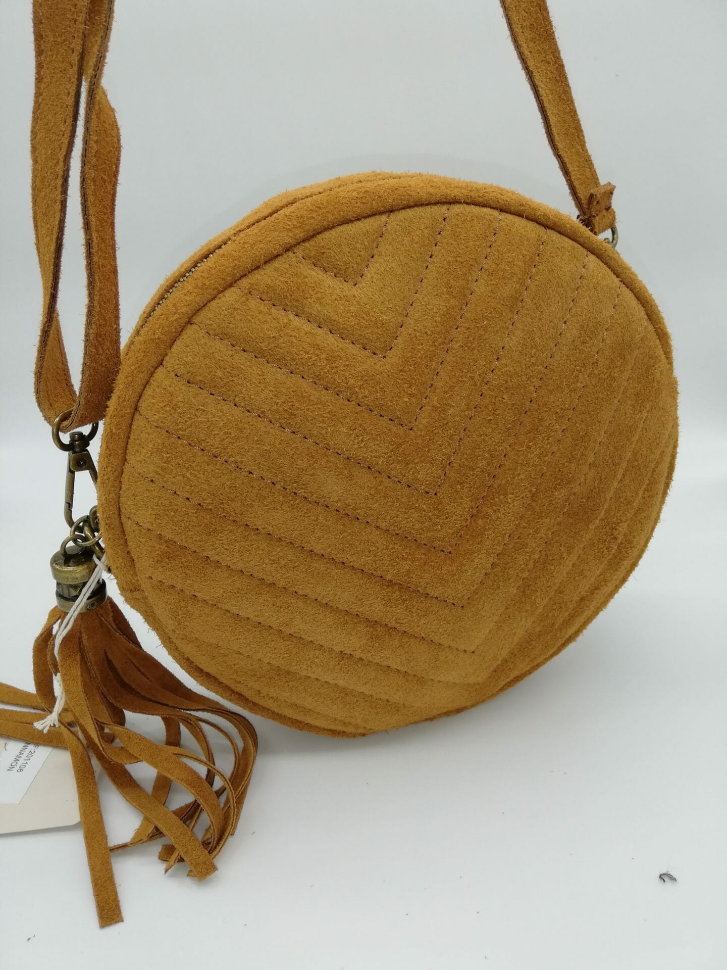 Sac bandoulière rond à motif chevron (100% Cuir italien) – Image 6