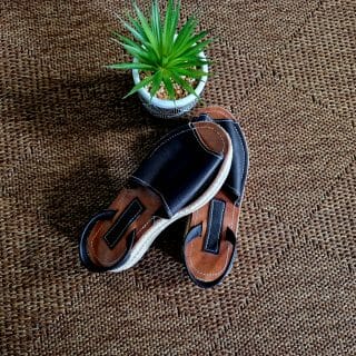 Sandale avarca pour Femme en cuir à plateforme raphia 100% artisanal Noir