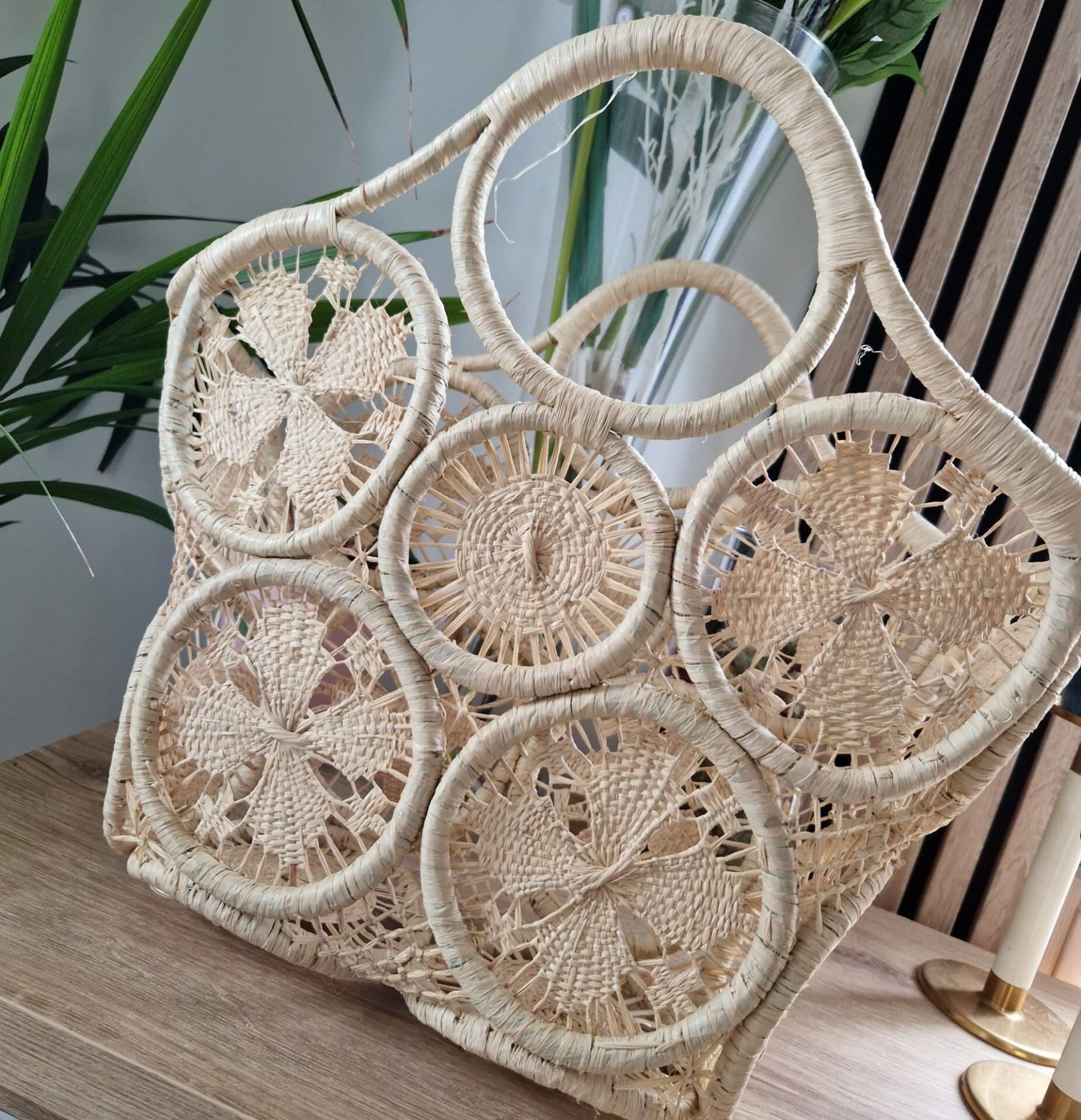 panier en raphia vintage macramé