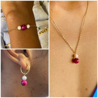 Parures vraie perle et œil de tigre rose fuchsia💖/en pierre naturelle/Madagascar