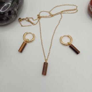 Parure œil de tigre 🤎: collier et boucles d'oreilles/ pierre naturelle/ Madagascar