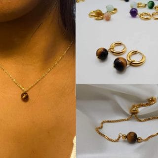 Parure œil de tigre 🤎: collier, bracelet et boucles d'oreilles/ pierre naturelle/ Madagascar