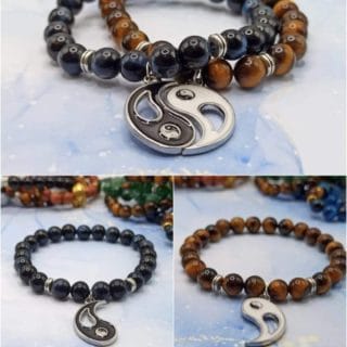 2 Bracelets/ couple "Ying&Yang": Œil de faucon/Œil de tigre de Madagascar