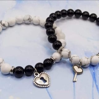 2 Bracelets/ couple "Cœur serrure&clé": Howlite/pierre de soleil de Madagascar