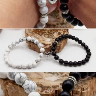 2 Bracelets/ couple "Cœur aimant": Howlite/Onyx en pierre naturelle de Madagascar
