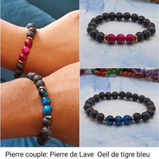 2 Bracelets/ couple: Pierre de lave, œil de tigre bleu et rose de Madagascar