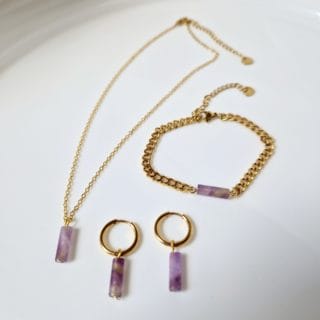 Parure Améthyste💜 collier, 1 bracelet et boucles d'oreilles/ en pierre naturelle / Madagascar