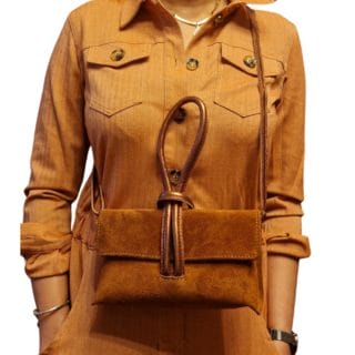 Mini Sac en Daim Marron avec Revers en Cuir Métallisé