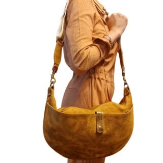 Sac bandoulière en demi-lune - Double large - Camel