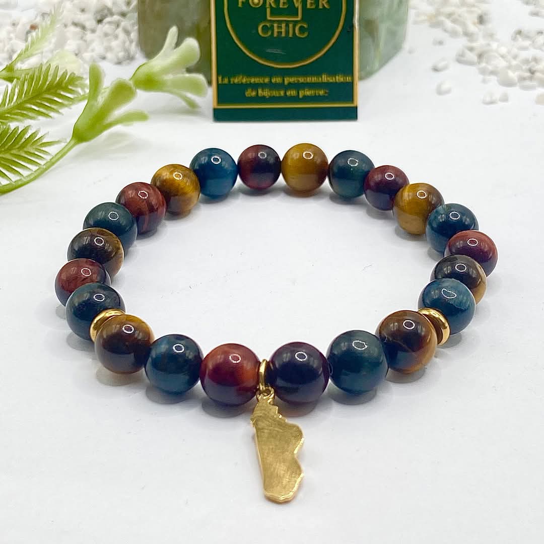 Bracelet " Madagascar "3 yeux: taureau/tigre/faucon -en pierre naturelle de Madagascar